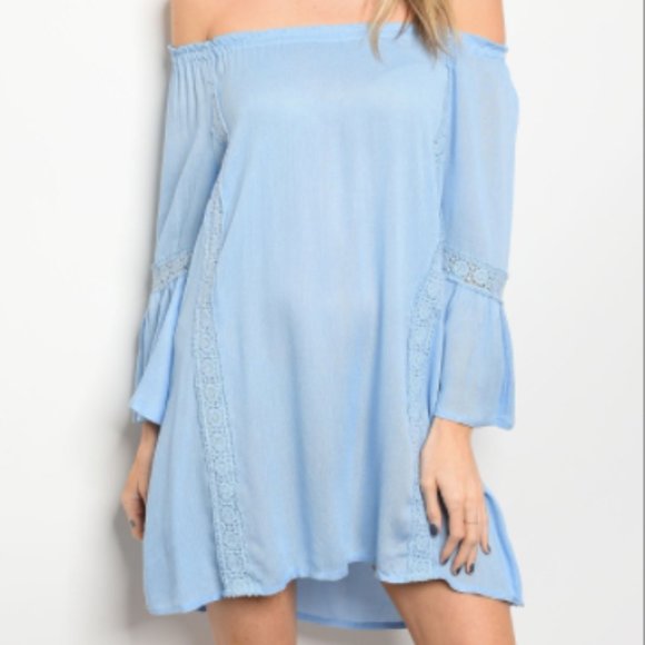 Sky Blue Lace Trim Off The Shoulder Dress - Picture 1 of 5